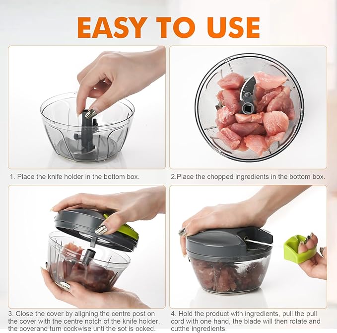 Ibergrif Manual Food Processor Vegetable Chopper, Portable Onion Chopper Garlic Mincer with Hand Pull String Cutter for for Veggies, Ginger, Fruits, Nuts, Herbs, 500ml, for Kitchen, Camping, RV, M501