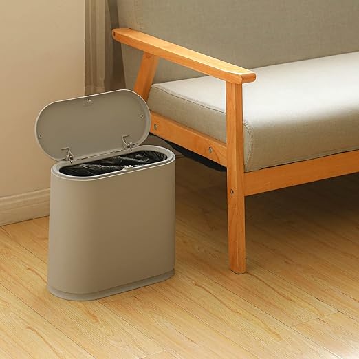 Sooyee 10 Liter Rectangular Slim Plastic Trash Can Wastebasket with Press Type Lid, 2.4 Gallon Garbage Container Bin for Bathroom, Powder Room, Bedroom, Kitchen, Craft Room, Office, Gray