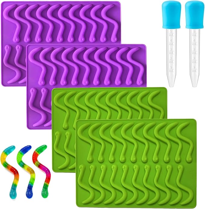 Gummy Candy Molds - 4Pcs Silicone Gummy Worm Molds with 2pcs Dropper,Non-stick and Bpa Free for Mini Candy Chocolate Gummies Baking