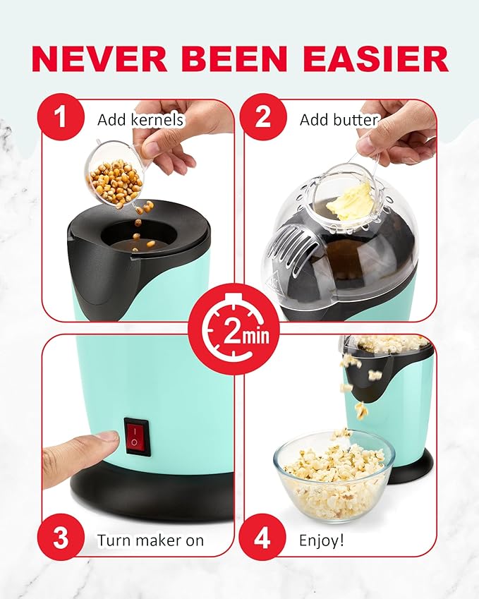 Hot Air Popcorn Maker, 10-Cup Electric Pop Corn Popper machine with Measuring Cup & Butter Melter, Fast Popping & Oil-Free, BPA-Free kitchen appliances for Home Movie Nights & Parties - Aqua