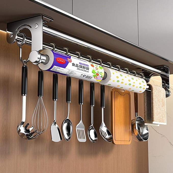 Silver 40CM+8Hook Modern Kitchen Utensil Hanger, Space-Saving Wall Mount Knife Wall Mount, Kitchen Storage Shelf with Hooks, Easy to Clean