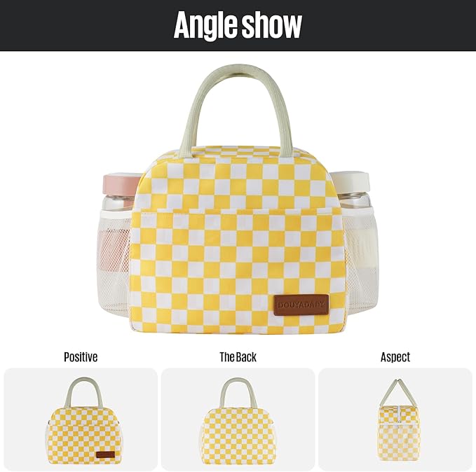 douyadady Lunch Bag Women/Men Lunch Box Women/Men (Yellow+White Checkerboard)