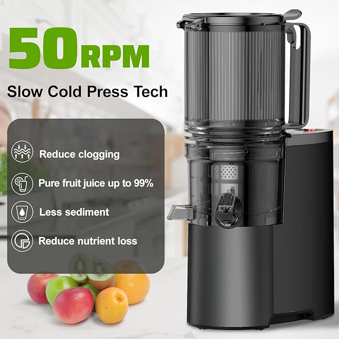 EanOruus Cold Press Juicer, 5.8" Wide Feed Chute Juice Extractor Machine with 400W, High Juice Yield, Slow Masticating Juicer for Whole Vegetables & Fruits, Textured black
