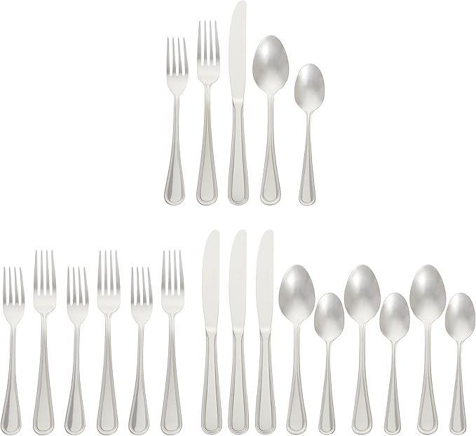 Amazon Basics Silverware Set, Stainless Steel Flatware, Dishwasher Safe, Service for 4, 20-Piece Forks and Spoons, Crown Edge, Everyday Use