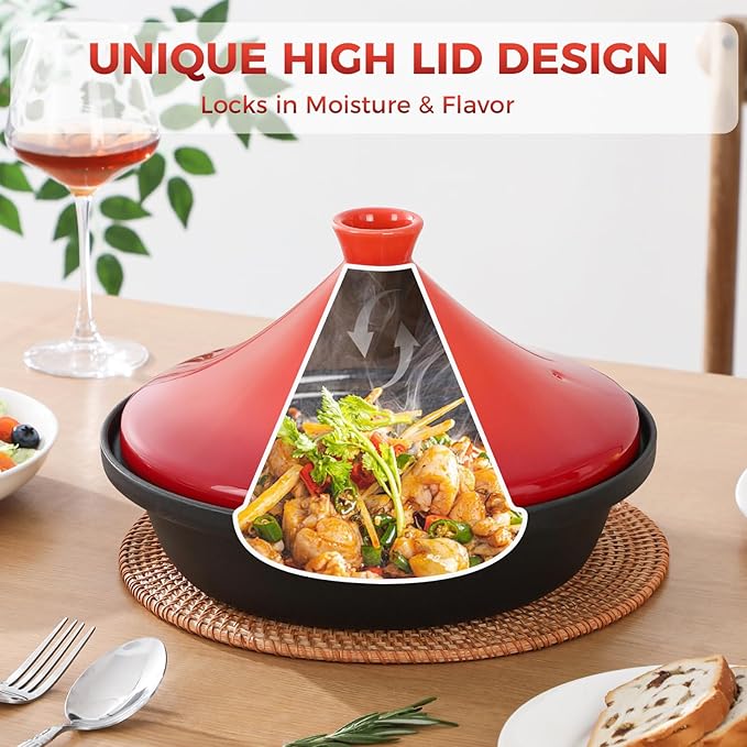 Moroccan Tagine for Cooking: Enameled Cast Iron Cooking Pot, Slow Cooker, Classic Kitchen Cookware, Tajine with Ceramic Cone-Shaped Closed Lid, 3.3 QT, Orange