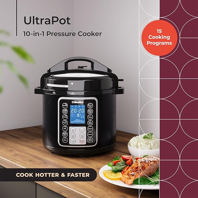 Mueller 6 Quart Pressure Cooker 10 in 1, Cook 2 Dishes at Once, Tempered Glass Lid incl, Saute, Slow Cooker, Rice Cooker, Yogurt Maker and Much More