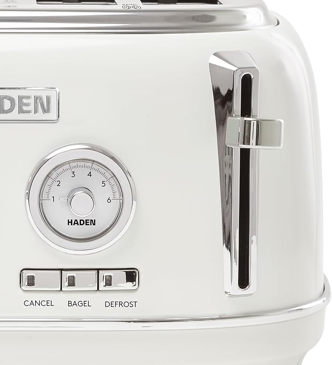 Haden Dorset 4 Slice Wide Slot Stainless Steel Toaster with Adjustable Browning Control & Non-Slip Feet, Ivory & Chrome