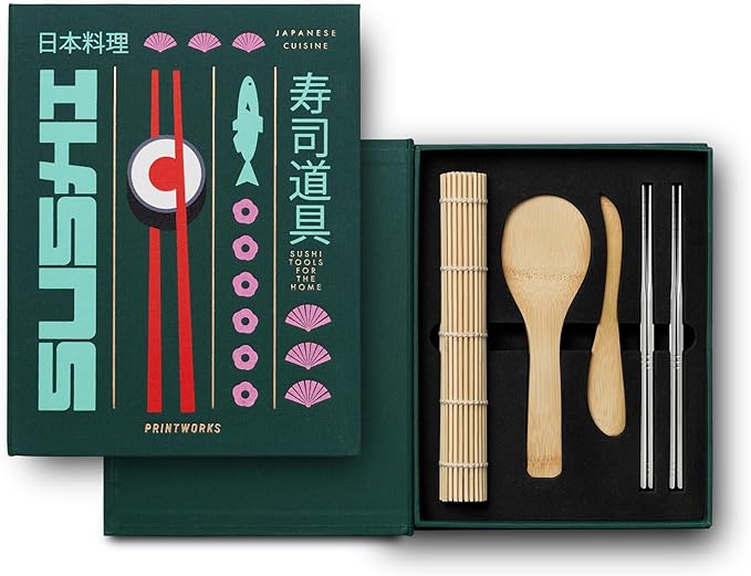 Printworks The Essentials, Sushi Tools – Sushi Making Kit with Roller, Rice Paddle, Spreading Knife, and 8 Chopsticks in an Elegant Book-Style Case