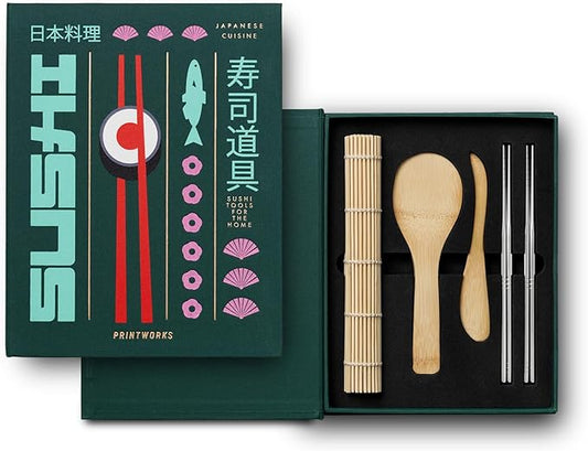 Printworks The Essentials, Sushi Tools – Sushi Making Kit with Roller, Rice Paddle, Spreading Knife, and 8 Chopsticks in an Elegant Book-Style Case