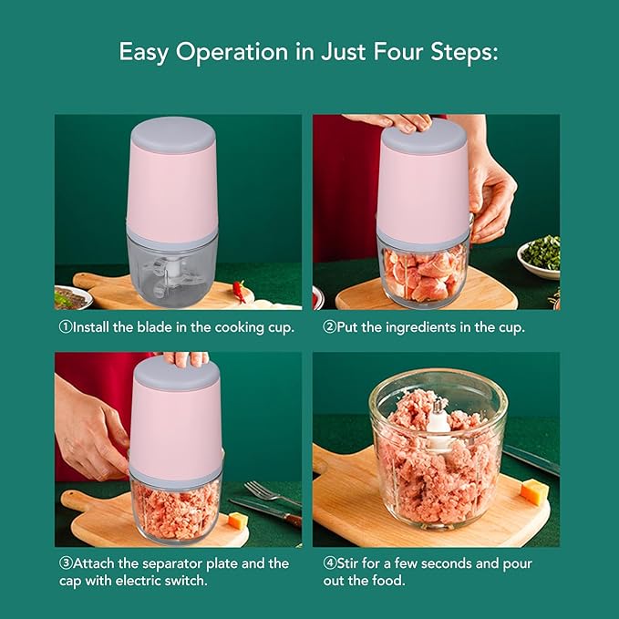 300ML Mini Meat Grinder Electric Mini Garlic Chopper USB Meat Grinder Food Processor Cordless Easily Chop Baby Food Maker Small Chopper for Vegetables Fruits Garlic (Roseate)