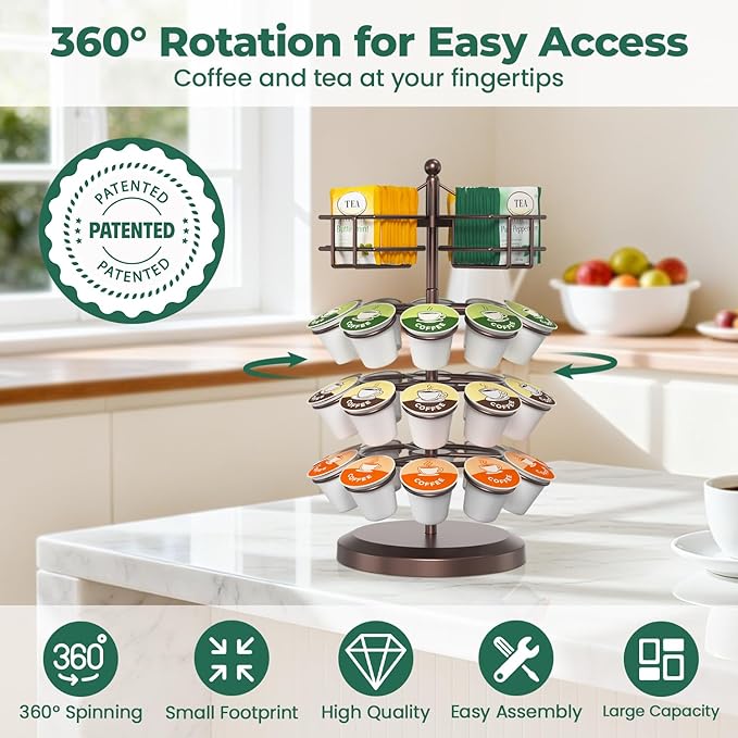 EsLuker.ly K Cup Holder Coffee Pod Organizer Carousel for Countertop, Rotatable Metal 4-Tier Storage Rack Stand for 30 K Cups & Tea Bags, Convenience Meets Elegance, Coffee Brown