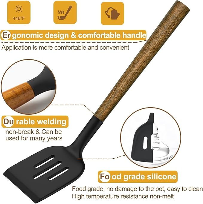 Silicone Cooking Utensil Set, Umite Chef 8-Piece Kitchen Utensils Set with Natural Acacia Wooden Handles,Food-Grade-Silicone Kitchen Gadgets Spatulas Set for Nonstick Cookware- Black