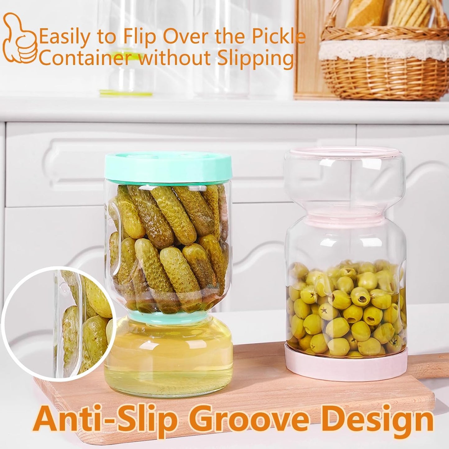 ZENS Pickle Jar with Strainer Flip, 51oz Pickle Container Pickle Juice Separator Hourglass Jar for Olive Keeper, Leakproof Glasss Pickle Holder Jars for Pickling Dill Sliced Storage, Gifts for Mom
