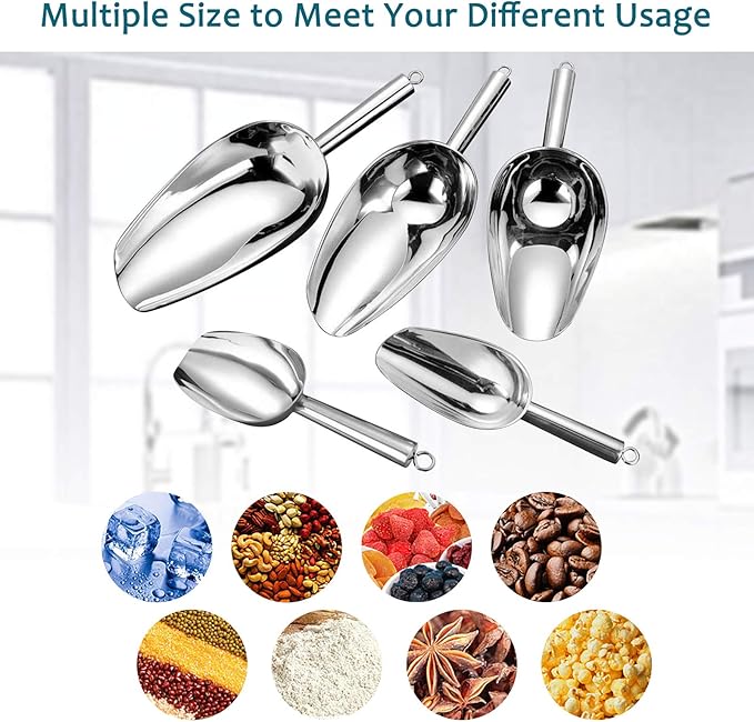 E-far 6 Ounce Ice Scoop Set of 2, Small Stainless Steel Scoops for Ice Cube/Candy/Flour/Sugar, Metal Utility Scoops for Canisters, Baking, Kitchen Pantry, Rust Free & Dishwasher Safe