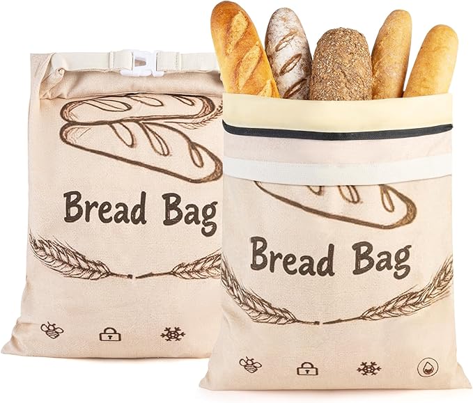 2-Pack Reusable Beeswax Bread Bags for Sourdough & HomemadeBread with Zipper, 16.5 x 13 inch bread bags for Food Storage