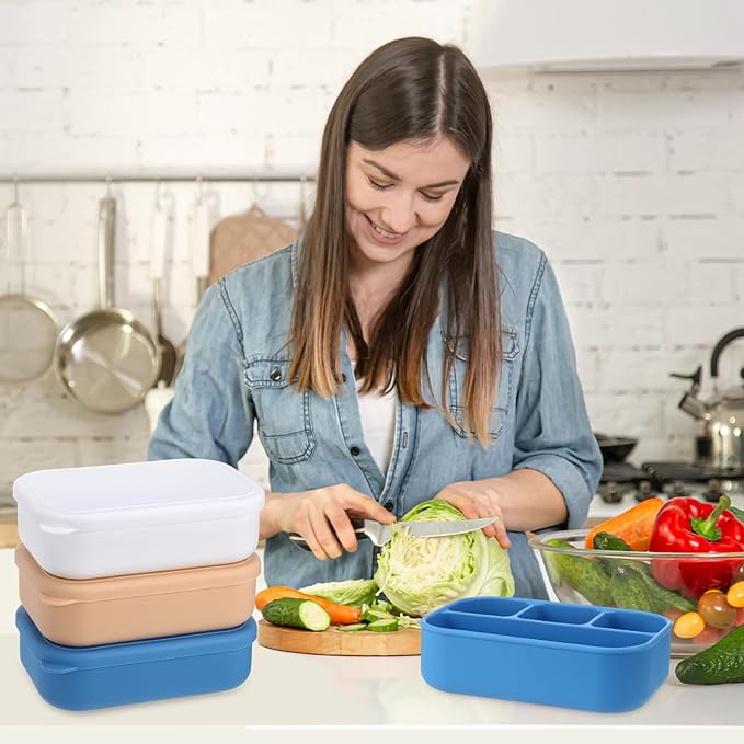 Potchen 4 Pcs Large 7.6x5x2 Inches Silicone Bento Box Reusable Lunch Container Leakproof Snack Meal Boxes for Work Travel Food Storage Microwave Dishwasher Freezer Safe 4 Compartment(Brilliant Color)