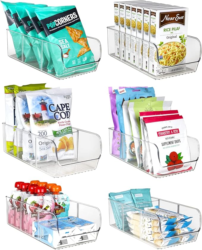 ELTOW 6-Pack Snack Organizer, 3-Compartment Plastic Bins with Removable Dividers, Chip & Food Storage for Pantry, Spices, Fridge, and Cabinet