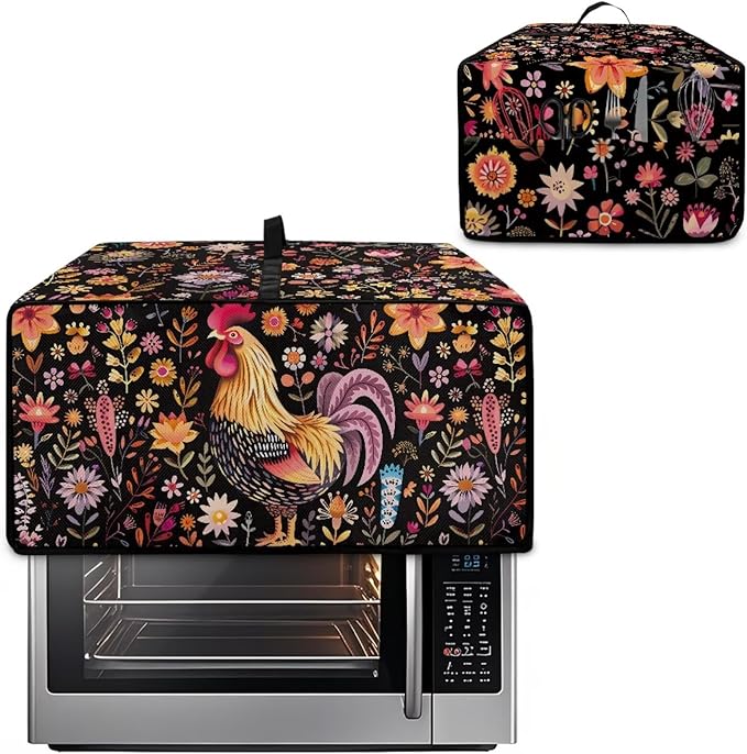 Microwave Oven Cover Air Fryer Toaster Oven Dust Cover with Accessory Pockets, Stain-resistant Small Electric Appliance Protector for Kitchen, M, Rooster Chicken Floral Black