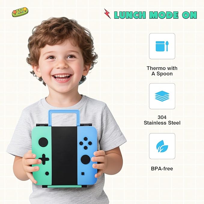 Game Bento Box for Kids, Lunch Box with Thermo(9oz Food Jar), Folding Spoon, Removable Divider & Sauce Cup, Lunch Box Kids for School,Travel, BPA-Free & Realistic Shape(Blue-Green)