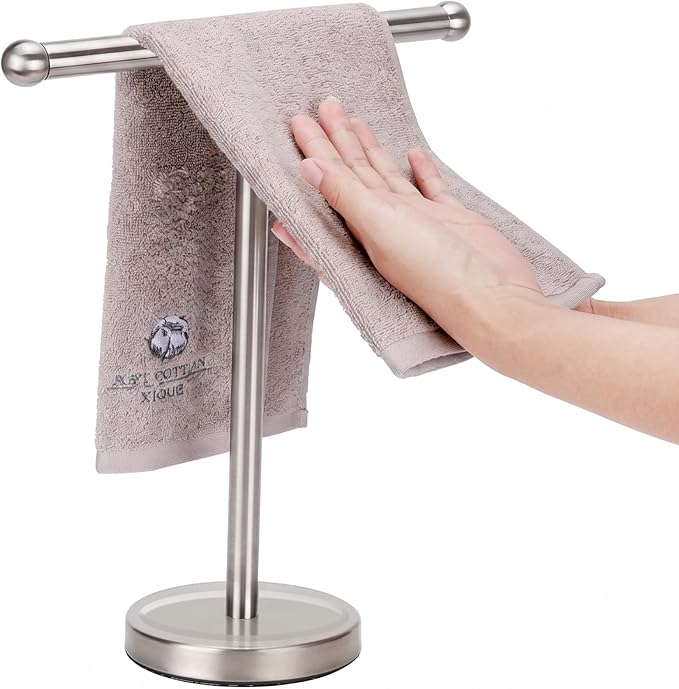 Hand Towel Holder Stand with Heavy Stainless Steel Base, T-Shape Towel Rack, Free-Standing Towel Holder Countertop for Bathroom (Brushed Nickel)