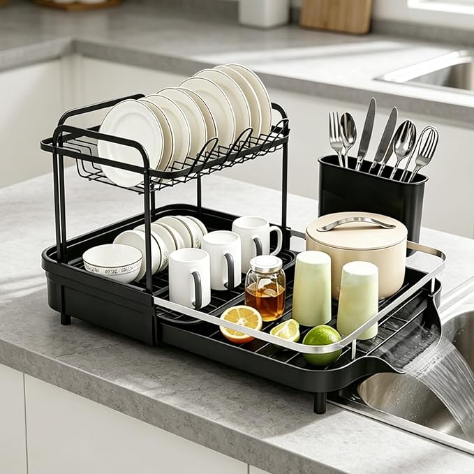 Dish Drying Rack for Kitchen Counter, 2 Tier Large Expandable Dish Drainer with Drainboard Set and Removable Utensil Holder, Space-Saving Countertop Organizer