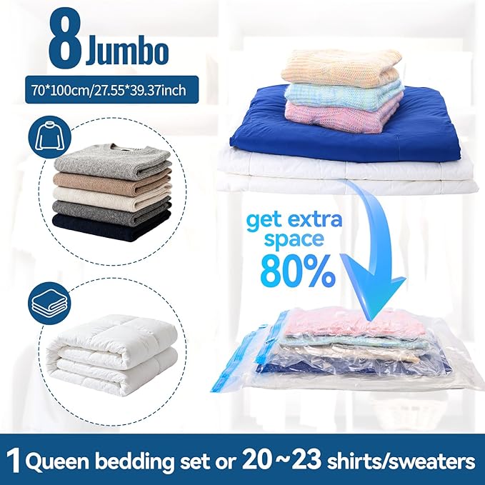 Vacuum Storage Bags with Electric Pump,8 Pack Extra Large Space Saving Vacuum Seal Bags for Bedding,Blanket,Comforters,Duvets,Pillows(8 Jumbo)