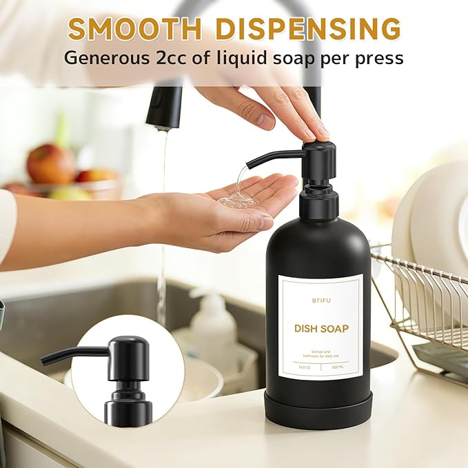 Kitchen Soap Dispenser Set – 16.8oz/500ml Glass Hand and Dish Soap Dispenser with Stainless Steel Pumps & Non-Slip Silicone Base, Luxury Countertop Decor for Home, Airbnb, Vacation Rental (Black)