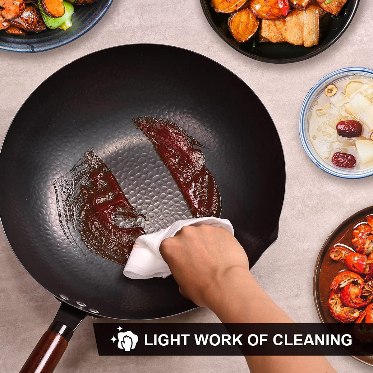 12.8" Carbon Steel Wok-11Pcs Woks & Stir Fry Pans Wok Pan with Lid, No Chemical Coated Chinese Woks with 10 Cookware Accessories, Flat Bottom Wok for Electric, Induction,Gas Stoves