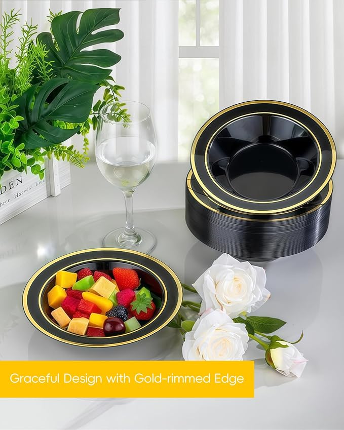 200 Pack Black Disposable Bowls with Gold Rim, 12oz Black Plastic Soup Bowls for Party, Wedding, Holiday,And Halloween