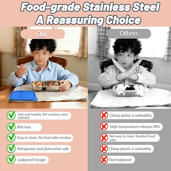 Stainless Steel Snack Containers with Silicone Lids - 2 Compartment Metal Bento Lunch Box, Leak-Proof Reusable Lunch Meal Prep Containers with 2 Forks for School, Office, Travel (Blue+Pink, 2 Pack)