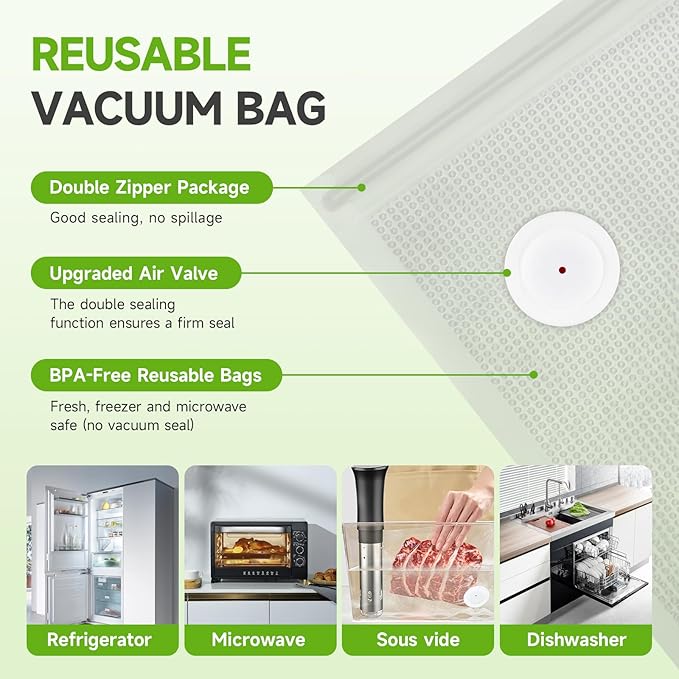 Vixino Vacuum Sealer Bags, 30 Reusable Vacuum Sealer Bags for Food, BPA-Free, Meal Prep and Sous Vide Cooking,Works for Handheld Sealer and Vac Sealer Machine with External Vacuum Systems