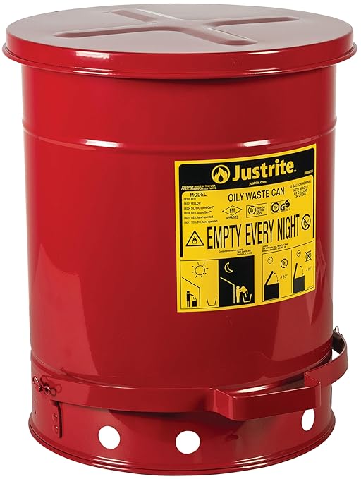 Justrite 10 Gallon Galvanized Steel Oily Waste Can, 18" x 14" Metal Oil Rag Safety Can With Foot Operated Self-Closing Lid for Oil Rag Disposal, Made in the USA, Red, 09300