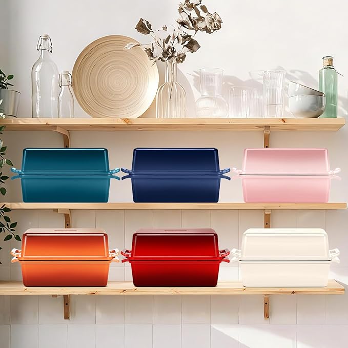 Wildone Enameled Cast Iron Bread Loaf Pan with Lid, 9x5 Sourdough Baking Pans for Homemade Bread, Cake, Meatloaf, Even Heating Bread Pans, 2-Piece Set, Red