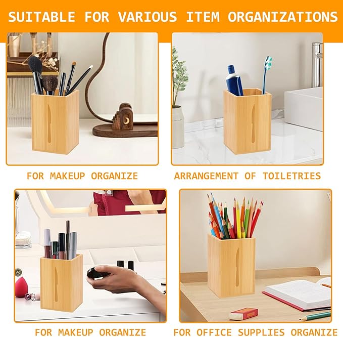 Qivine Acacia Wood Utensil Holder, Wooden Silverware Holder Countertop Utensil Organizer Silverware Organizer with Tray, Kitchen Utensil Organizers for Forks, Spoons, Knives (Bamboo)