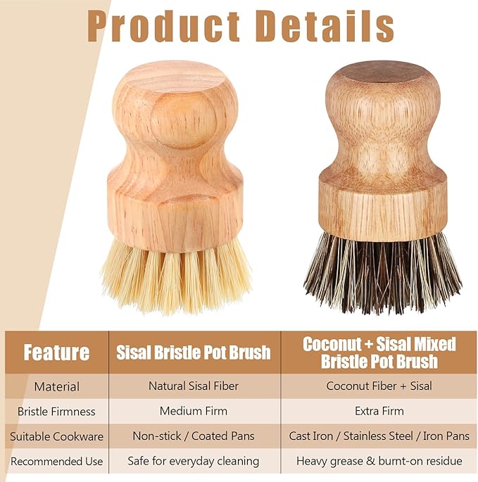 Nuenen 6 Packs Bamboo Dish Scrub Brushes Wooden Scrubbers Set Kitchen Dishwashing Scrubber with Natural Sisal Bristles for Iron Pot Pan Sink(Sisal)