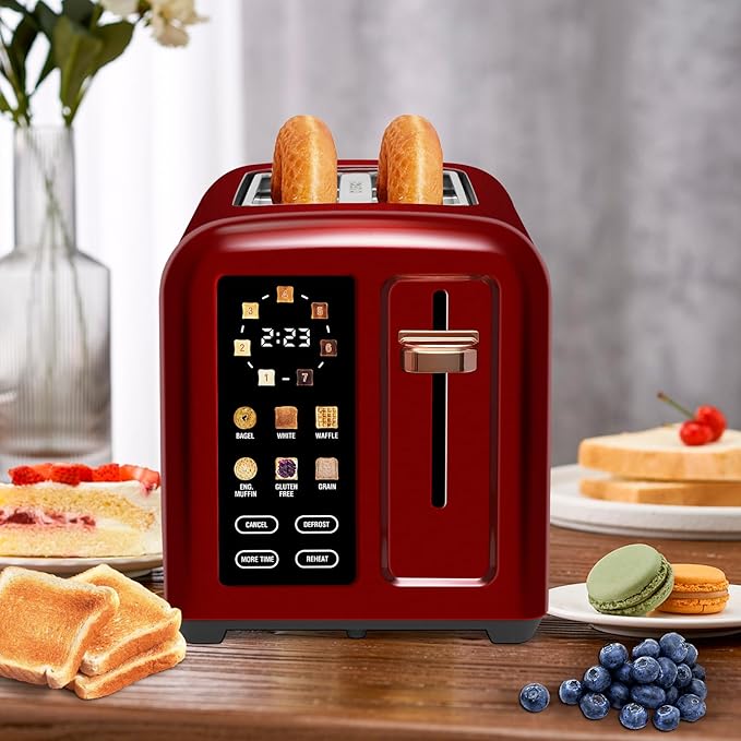 SEEDEEM Toaster 2 Slice, Touch Control Stainless Toaster LCD Display, 50% Faster Heating Speed, 1.4'' Wide Slots, More Timer Functions, Removable Crumb Tray, 1350W, Dark Cherry