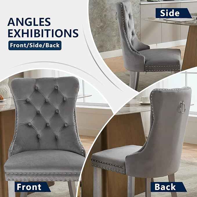 Velvet Dining Chairs Set of 6, Kitchen & Dining Room Chairs, Upholstered Dining Chairs with Back Ring Pull and Silver Solid Wood Legs, Modern Tufted Kitchen Chairs for Dining Room, Light Grey