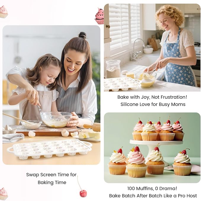 Silicone Muffin Pans With Metal Reinforced Frame - 24 Cups Durable Silicone Baking Pan for Muffins, Cupcakes, BPA Free and Dishwasher Safe - Beige with Rainbow Spots, Set of 2