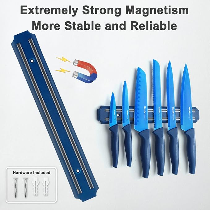 Wanbasion 7 Piece Blue Kitchen Knife Set with Magnetic Strip, Kitchen Knife Set Stainless Steel, Sharp Knife Set for Kitchen for Meat Vegetable Cutting