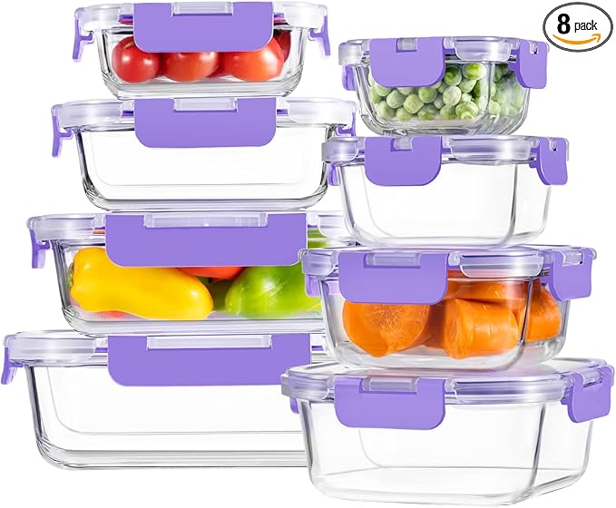 HOMBERKING 8 Pack Glass Food Storage Containers with Lids, Meal Prep Containers, Airtight Bento Boxes with Leak Proof Locking for Microwave, Oven, Freezer and Dishwasher, BPA Free, 5-35oz, purple