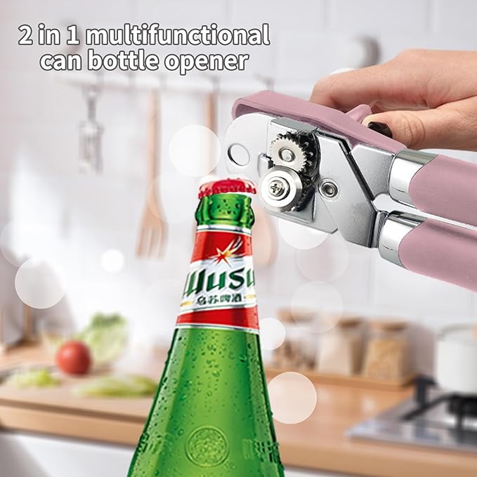 Can Opener Manual, Handheld Strong Heavy Duty Stainless Steel Can Opener, Comfortable Handle, Sharp Blade Smooth Edge, Can Openers with Multifunctional Bottle Opener, Pink