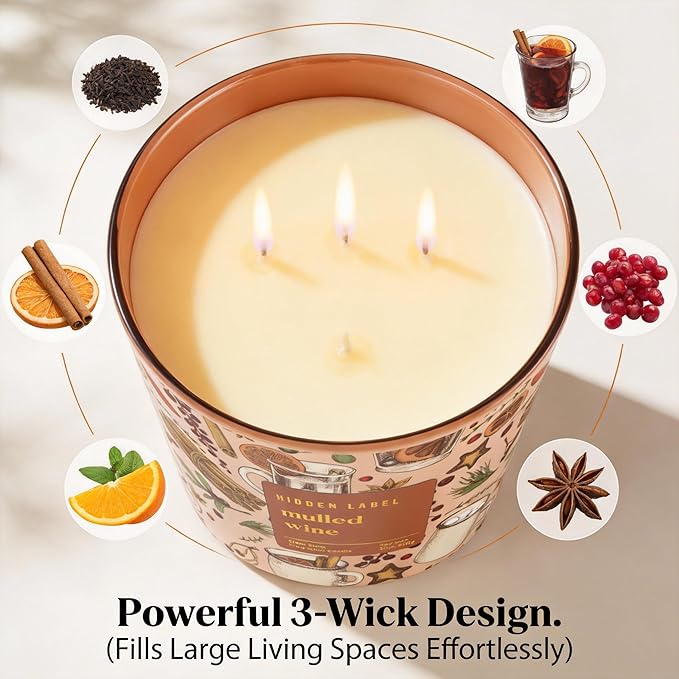 Hidden Label Mulled Wine Scented Candle for Home, 30oz Large 3 Wick Soy Candle, 100H Long Lasting, Cinnamon Orange Clove, Non-Toxic Clean Burn, Christmas Winter Gifts for Women, Holiday Gift