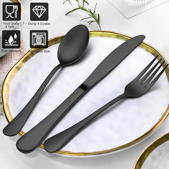 LIANYU 30 Piece Matte Black Silverware Set, Satin Finish Black Flatware Cutlery Set for 6, Stainless Steel Kitchen Utensil Tableware for Home Restaurant Party, Dishwasher Safe