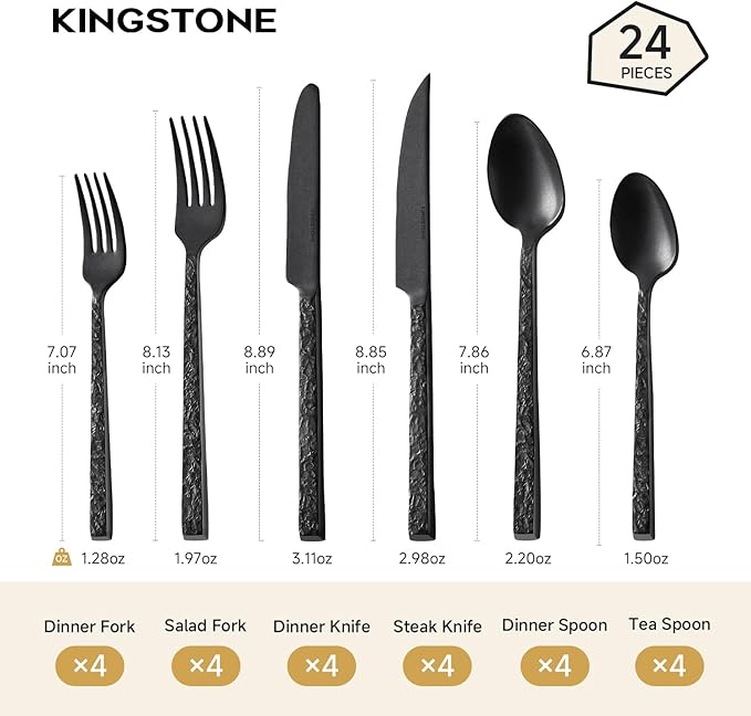 KINGSTONE 24 Pcs Black Hammered Silverware Set with Steak Knives for 4, 18/10 Stainless Steel Heavy Duty Flatware Set, Tableware Cutlery Utensil Sets for Home Restaurant Dishwasher Safe