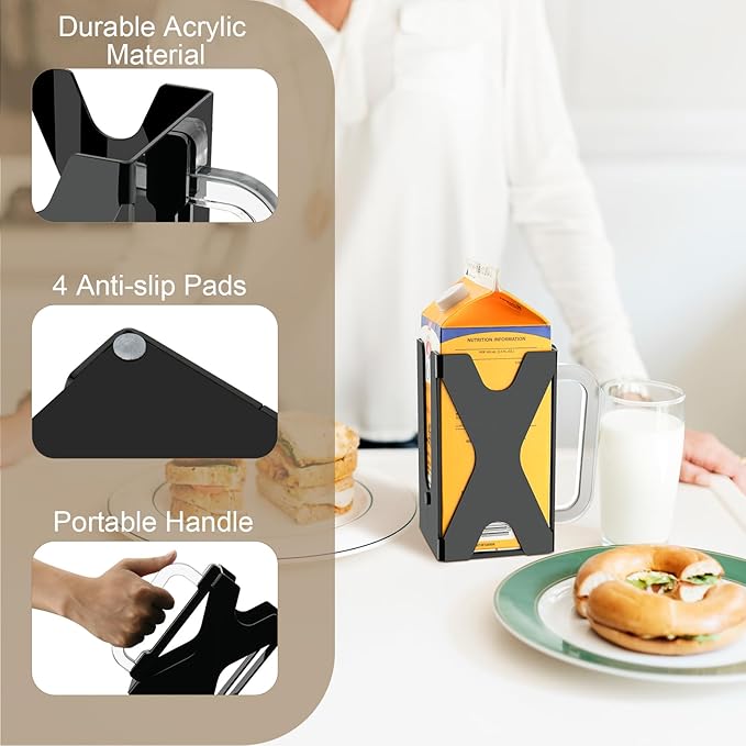 Beautyflier Half Gallon Milk Carton Holder with Removable Handle, Acrylic Holder for 64 OZ/Half Gallon Milk, Juice, or Beverage Carton, for Seniors, Kitchens, Restaurants, Holder Only (Black)