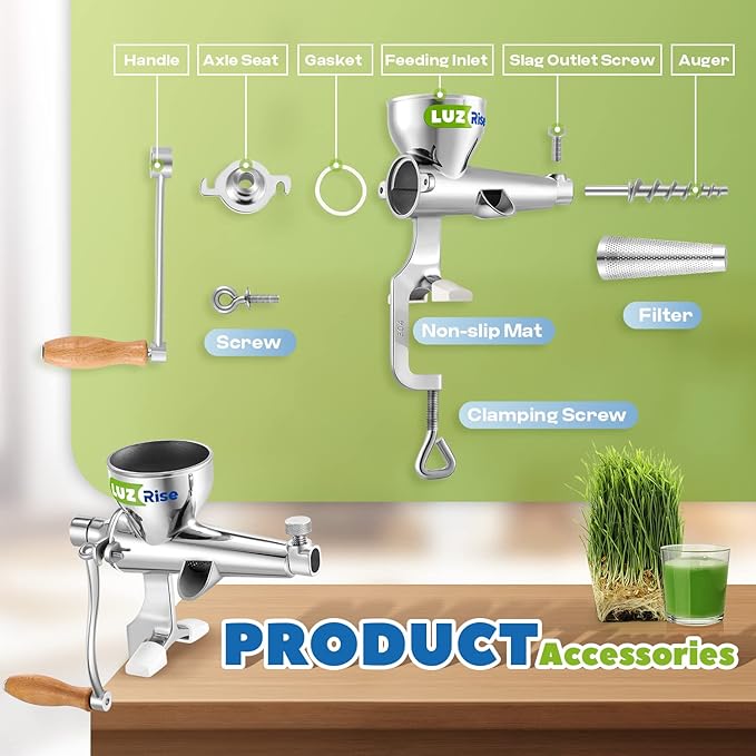 Manual Wheatgrass Juicer Portable Crank Wheatgrass Extractor Hand Fruit& Vegetables Squeezer 304 Stainless Steel for Juicing Celery, Kale, Spinach, Parsley, Pomegranate, Apple, Grape