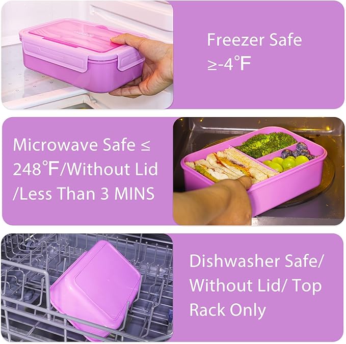 Caperci Classic Bento Lunch Box for Kids & Adults - Leakpoof 47oz Food Lunch Containers for Girls Women, 3-Compartment, Built-in Utensil Set, BPA-Free, Dishwasher/Microwave Safe (Vivid Orchid)
