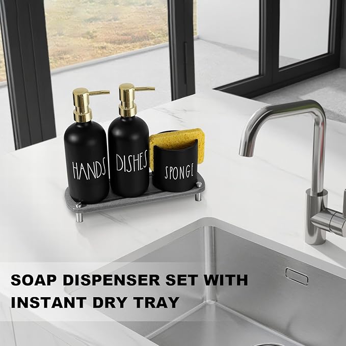 Kitchen Soap Dispenser Set, 16.9 fl oz Hand and Dish Soap Dispensers with Tray, Black and Gold Kitchen Soap Dispenser Set with Sponge Holder, Instant Dry Tray, Gold&Black