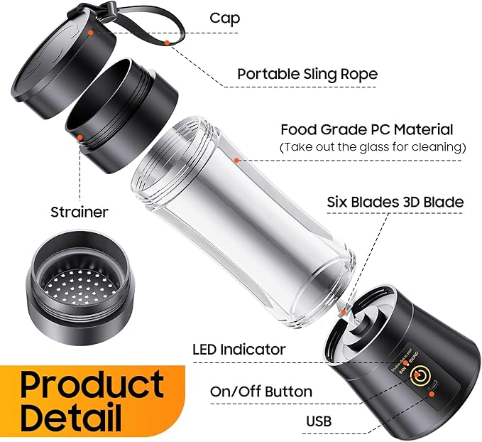 Portable Blender for Smoothies & Shakes - Cordless Personal Size Blender with 6 Blades, 380Ml Juice Cup, Lightweight & Rechargeable, Freshly Squeezed for Picnic/Sports/Office