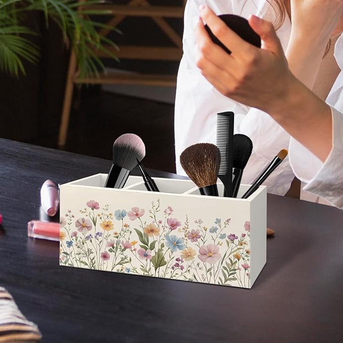 Rustic Wildflower Wooden Utensils Holder, Watercolor Nature Wild Flower Botanical Wood Cooking Utensil Holder Organizer for Kitchen Countertop Counter Decor